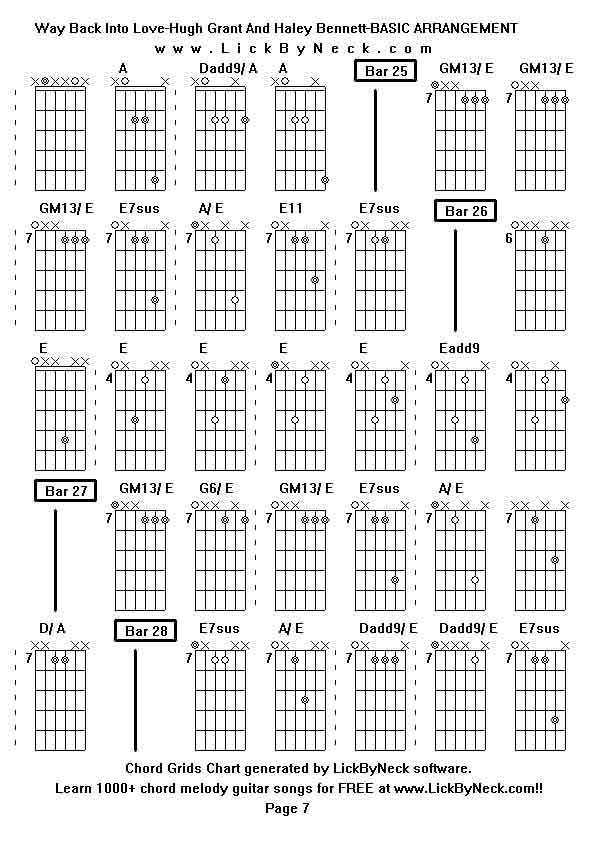 Chord Grids Chart of chord melody fingerstyle guitar song-Way Back Into Love-Hugh Grant And Haley Bennett-BASIC ARRANGEMENT,generated by LickByNeck software.